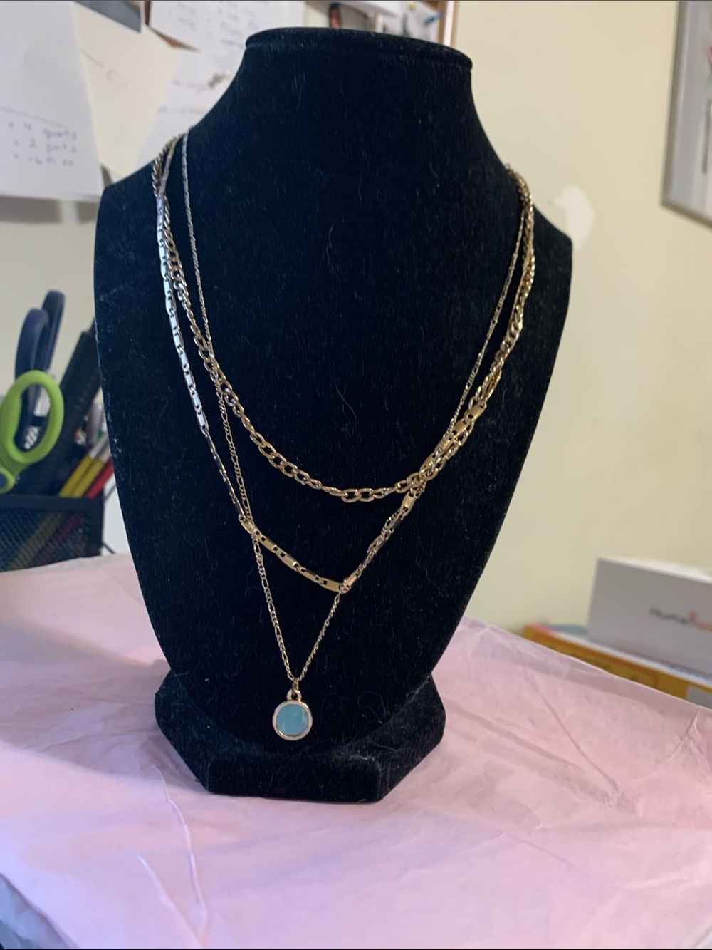 Layered Gold Necklace with Blue Pendant - Picture 3 of 9